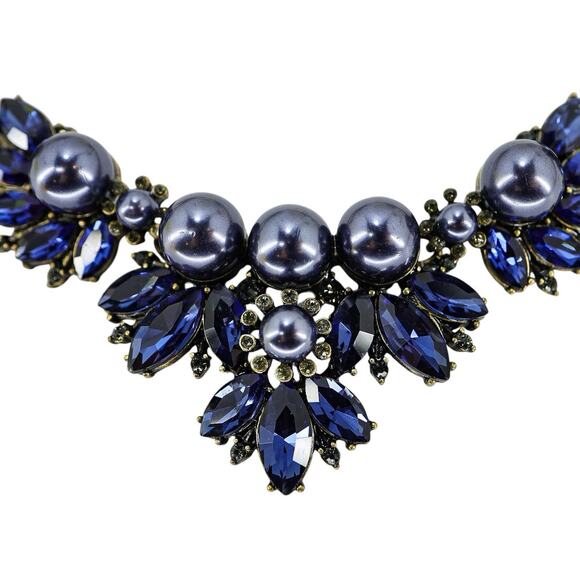 Banana Republic Wimsigoth Statement Necklace Brass Tone Navy Blue Rhinestones - Picture 3 of 9